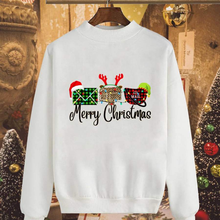 Chirstmas merry christmas reindeer hat santa hat plaid leopard colorful light white sweatshirt for men and women S-5XL