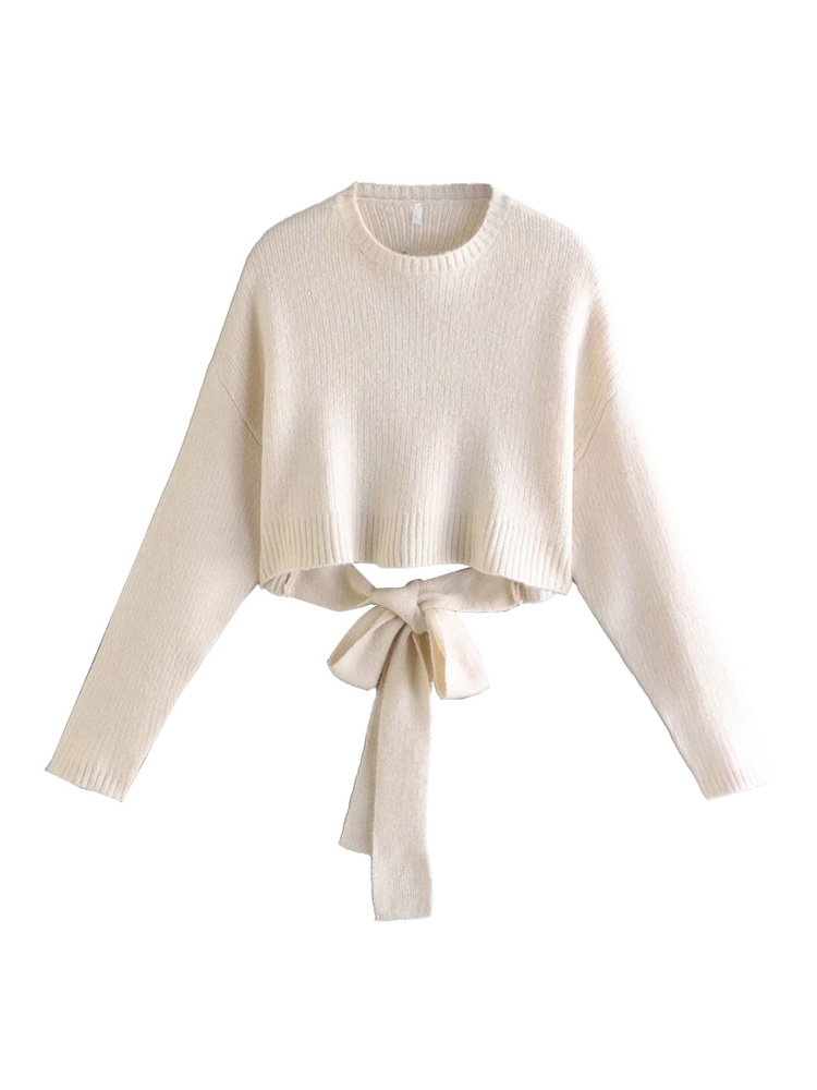 TRAF Women Fashion With Tied Bow Backless Knit Sweater Vintage O Neck Long Sleeve Female Pullovers Chic Tops alx