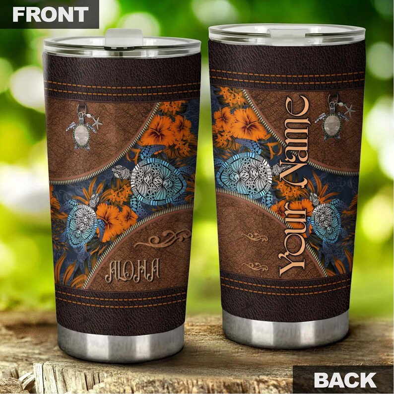 Turtle Aloha Leather Pattern Personalized Tumbler-Unique Tumbler-Birthday Christmas Gift For Turtle Lover