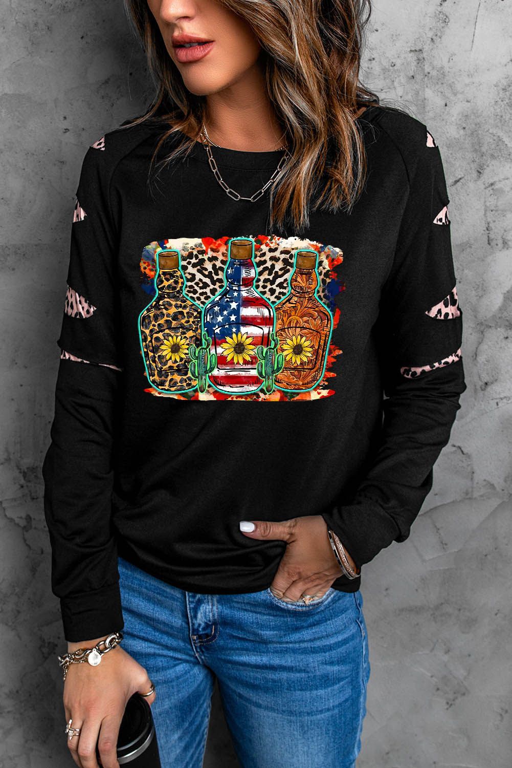 Beer Print Leopard Insert Black Sweatshirt