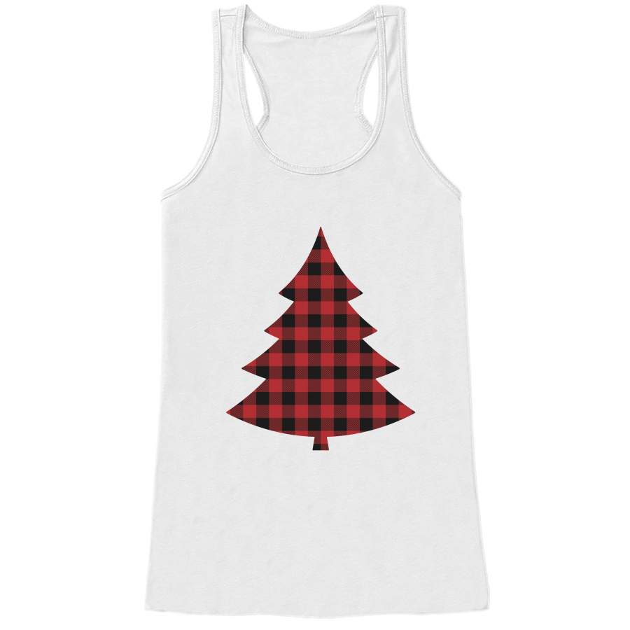 Women's Christmas Shirt - Plaid Tree Shirt - Mom Christmas Present Idea - Family Christmas Pajamas - White Tank Top - Christmas Gift Idea