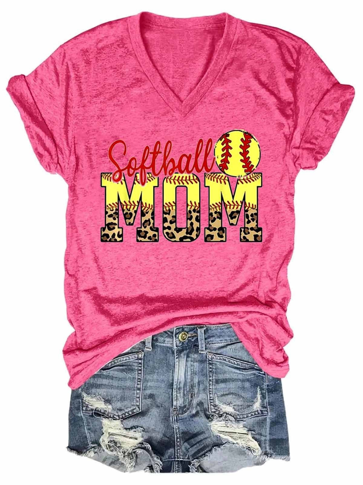 Women’S Leopard Softball Mom Mothers Day V-Neck Tee