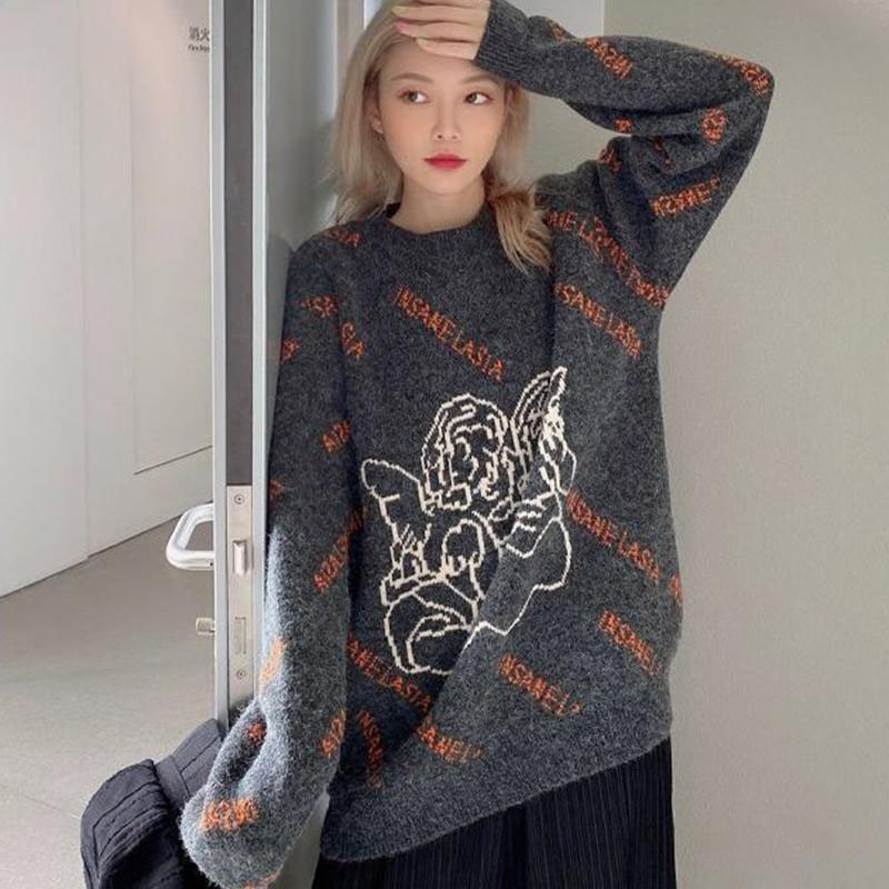 Women Sweater Round Neck Pullovers Casual Knitting Top Autumn Winter Loose All Match Long Sleeve Sweaters Couple Outside Wear alx