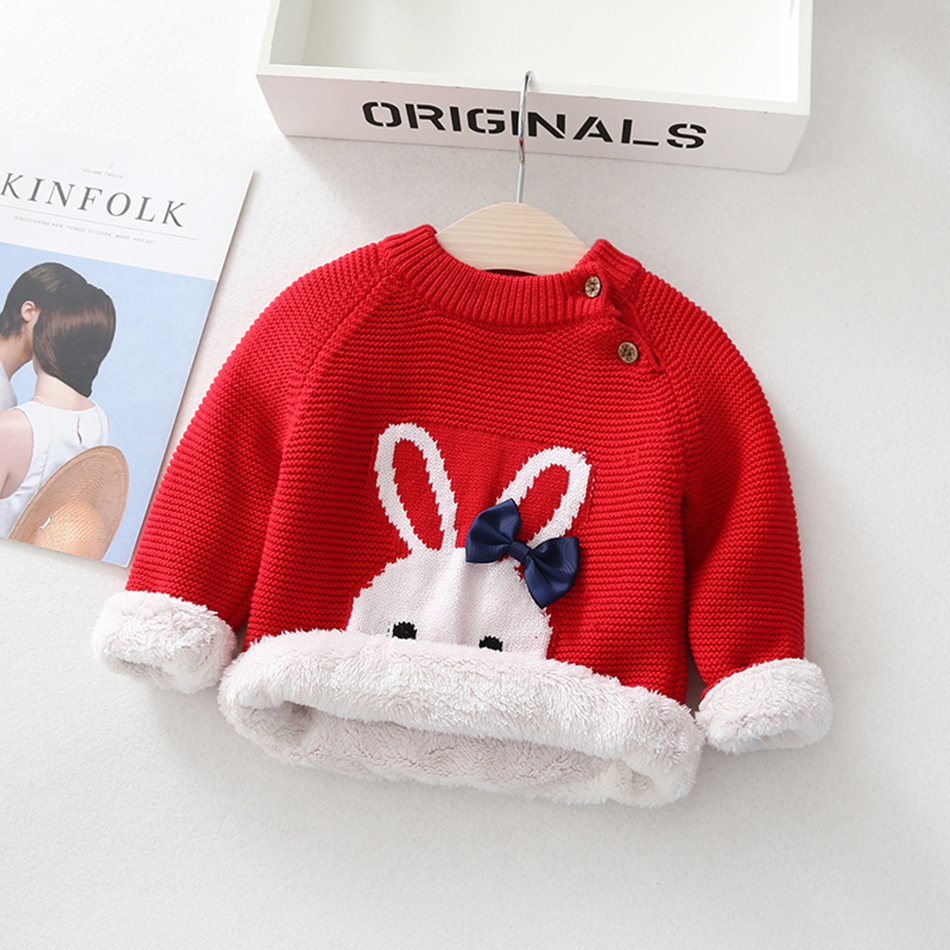 Baby Girls Boys Fleece Thicken Thermal Pullover Kids Cartoon Animals Cute Rabbit Long-sleeved Sweater Round Neck Knitted Sweater alx