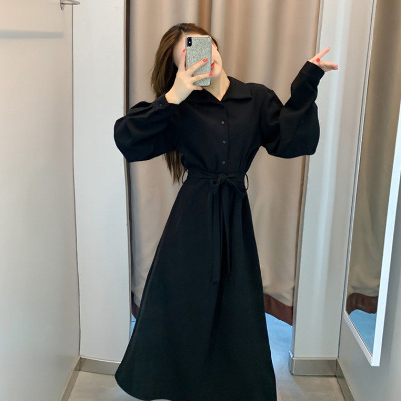 Black Hepburn Dress Women’s Fall 2021 New High Waist Thin French Square Collar Long Sleeve Little Black Dress alx