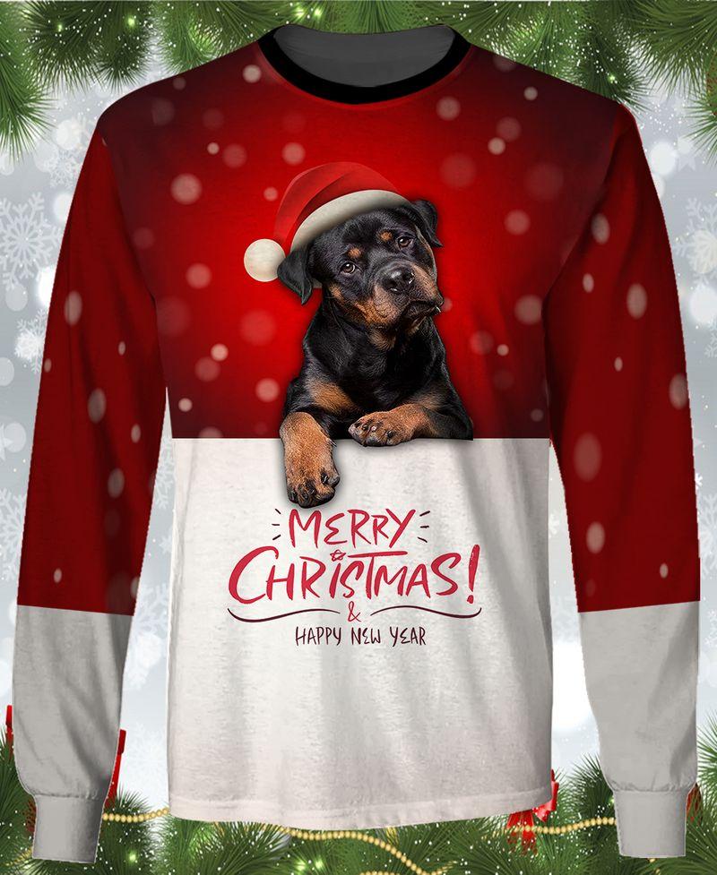 3D Rottweiler With Santa Hat Shirts Gift For Christmas Holiday 3D Sweatshirt