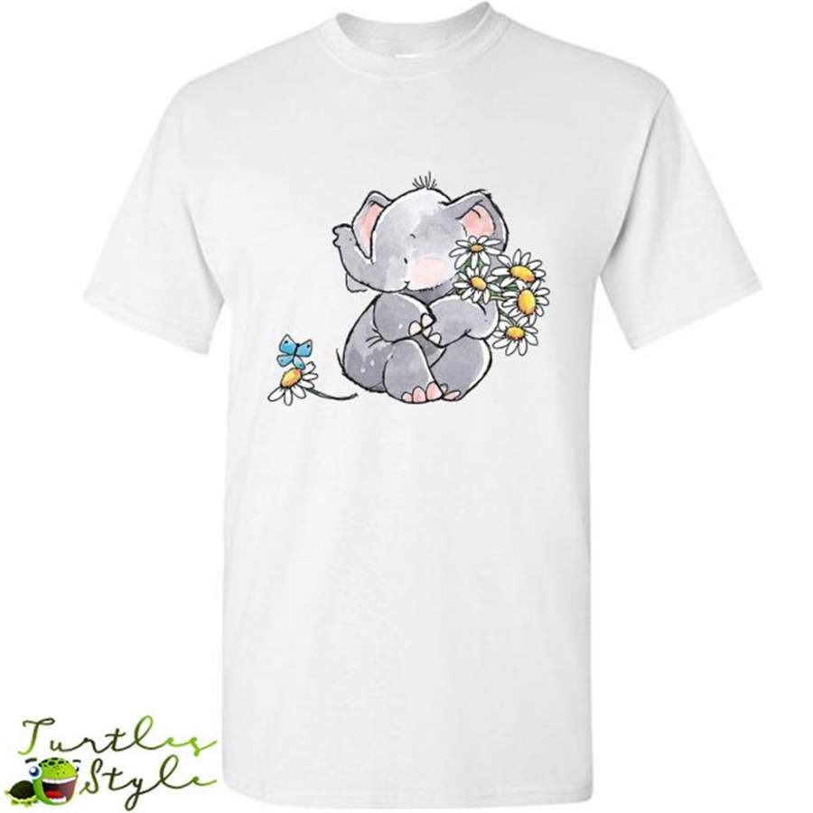 Watercolor Cute Baby Elephant With Butterfly and Flowers – Gildan Short Sleeve Shirt