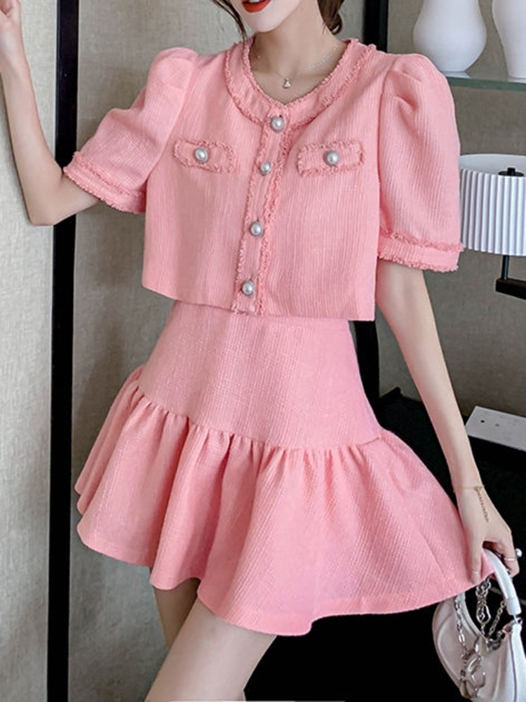 2022 Women Summer New Tweed Suits Female O-neck Pearl Button Bubble Short Sleeve Coat + High Waist A-line Skirts Two Piece Sets alx