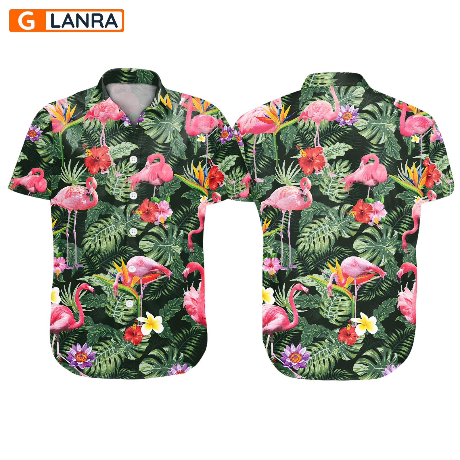 Flamingo Tropical Leaves Flower Button Shirt, Flamingo Button Shirt, Flamingo Hawaiian Shirt, Flamingo Leaf Hawaiian Shirt, Summer Tropical Shirt