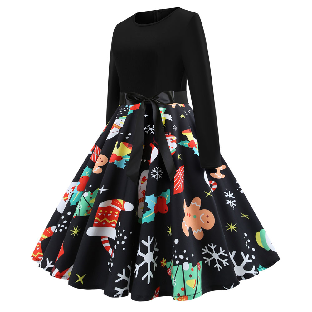 Winter Christmas Dresses Women 50S 60S Vintage Robe Swing Long Sleeve Casual Plus Size Print Black Pinup Elegant Party Dress alx