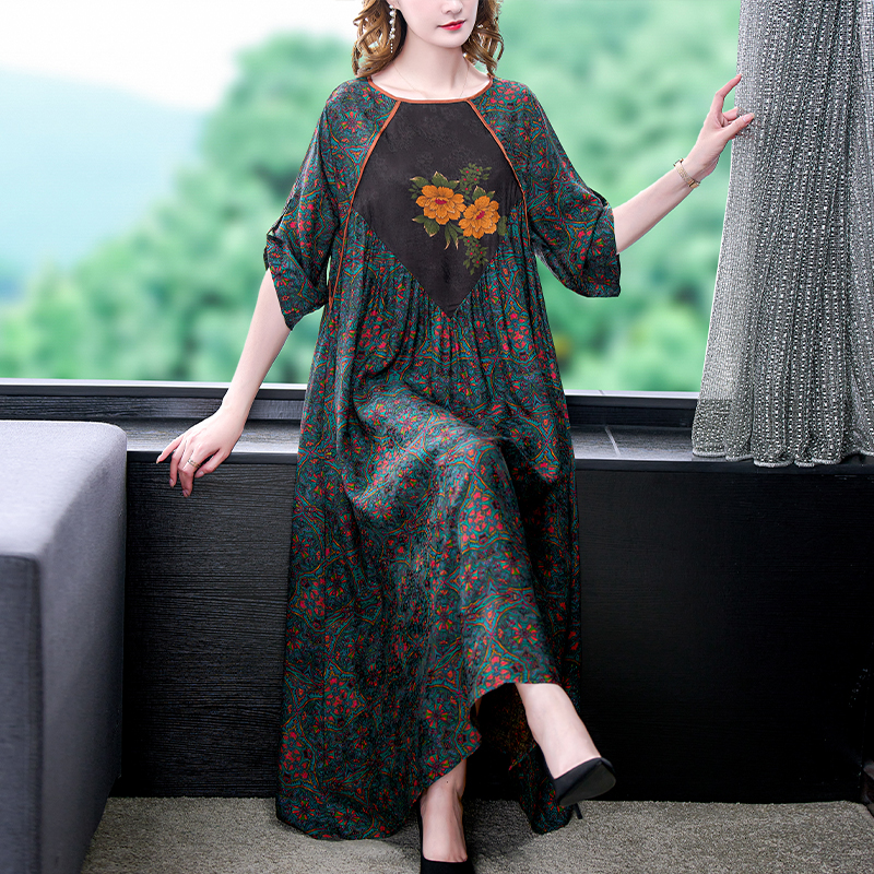 2022 New Floral Natural Silk Loose Wasi Maxi Dress Women Korean Vintage Casual Dresses Summer New Elegant Party Evening Dresses alx