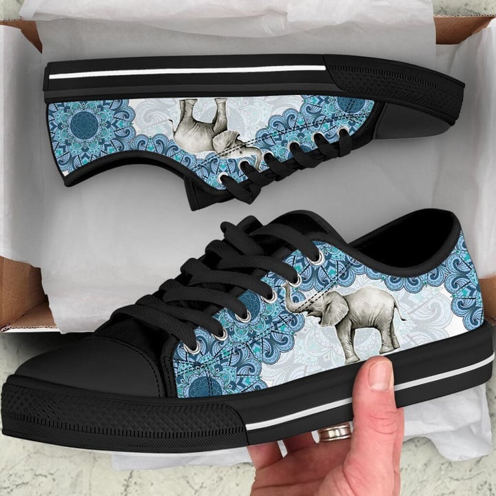 Elephant Watercolor Mandala Blue Canvas Low Top Shoes