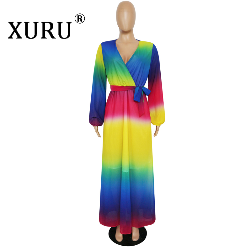 XURU Women Long Maxi Dress Floral Printed Long Sleeve V Neck Belted Chiffon Dresses Casual Beach Loose Dress Plus Size S-3XL-5XL alx