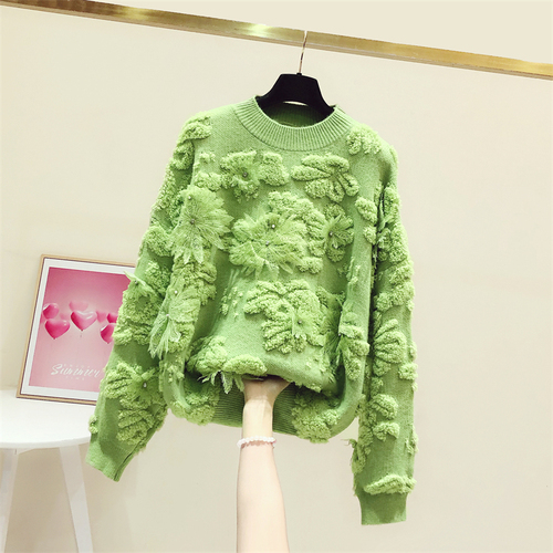 Autumn and Winter New Fashion Pullover Mid-Length Green Sweater for Women Beading Flower Thick Knitted Coat Girls Loose Sweaters alx