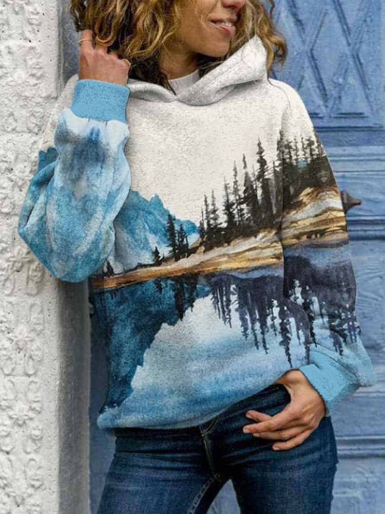 Womens Round Neck Casual Hoodie Sweatshirt Long Sleeve Mountain Landscape Printed Plus Size Tops & T-Shirts Autumn and Winter alx