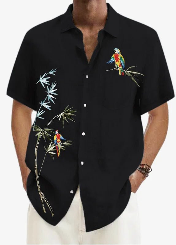 Men’S Casual Flower And Bird Pattern Short Sleeve Printed Shirt