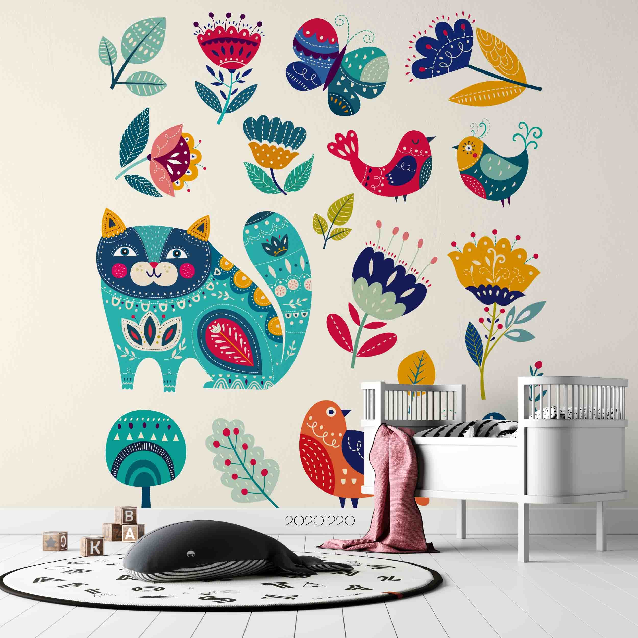 3D Hand Drawn Animal Cat Bird Floral Wall Mural Wallpaper Lqh 138