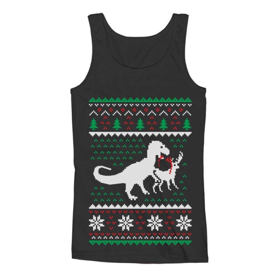 Ugly Christmas Sweater T-Rex VS Reindeer Funny Gift Women Tank Top