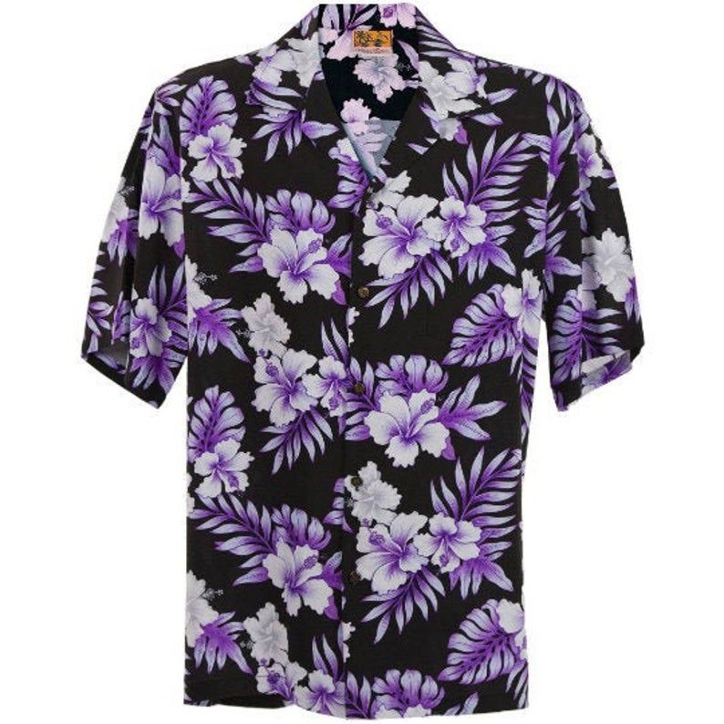 Rayon Bright Hibiscus Black Purple Unique Design Hawaii Shirt Ha91402