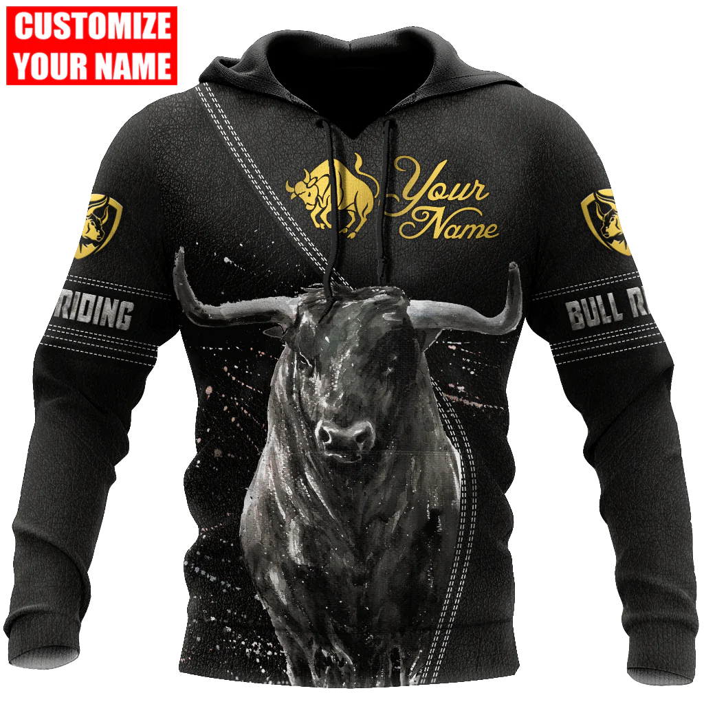 Custom Name Black Bull Riding Hoodie, Best Gift For Cowboy