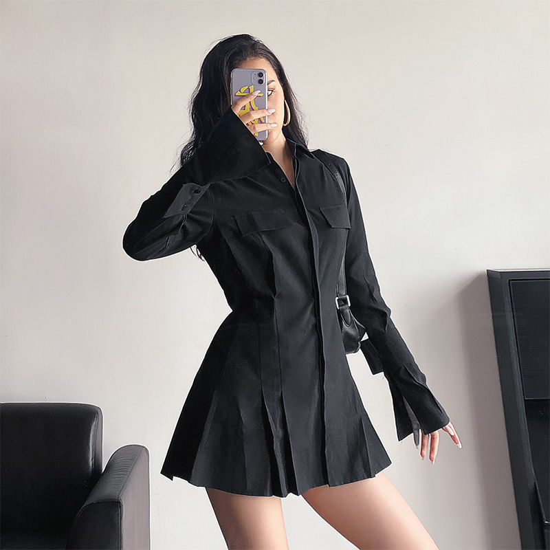 VmewSher Autumn Long Sleeve White Pleated Shirt Dress Women Casual Turn Down Collar Mini Dress Lady A Line Office Vestidos 2020 alx