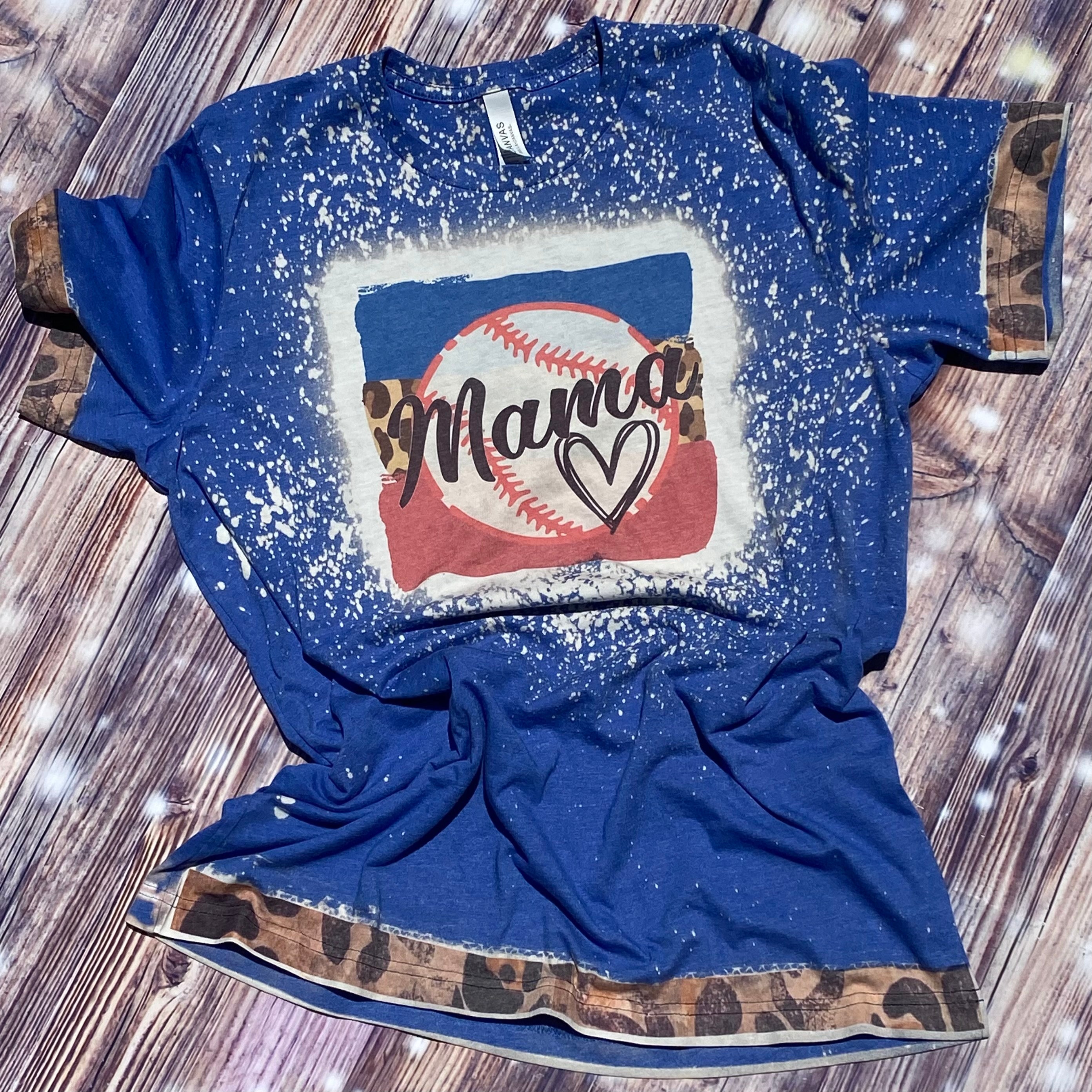 Baseball Mama Blue Bleached With Leopard Trim Graphic Tee