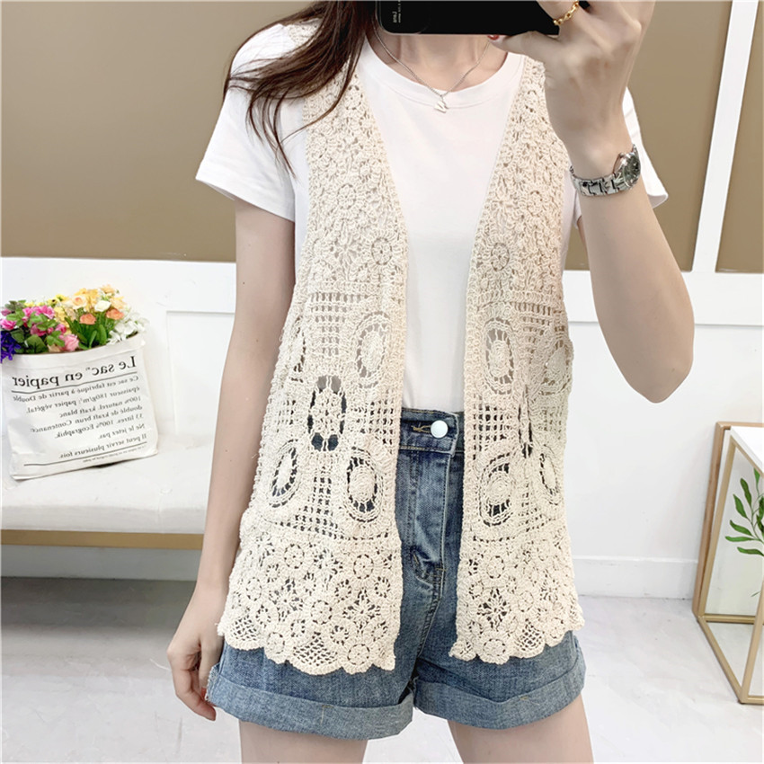 Summer Sexy Hollow Out Lace Top Vest Sleeveless Waistcoat Women Crochet Tops Open Stitch Cardigan Boho Beach Chalecos Para Mujer alx