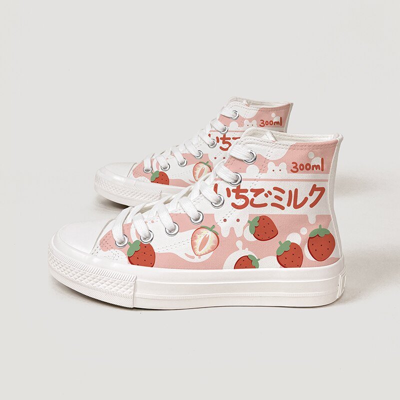 Kawaii Strawberry Milk High Top Canvas Shoes – Women’S