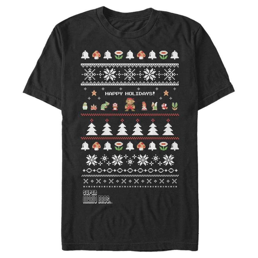 Nintendo Men’s Ugly Christmas Super Mario Happy Holidays  T Shirt