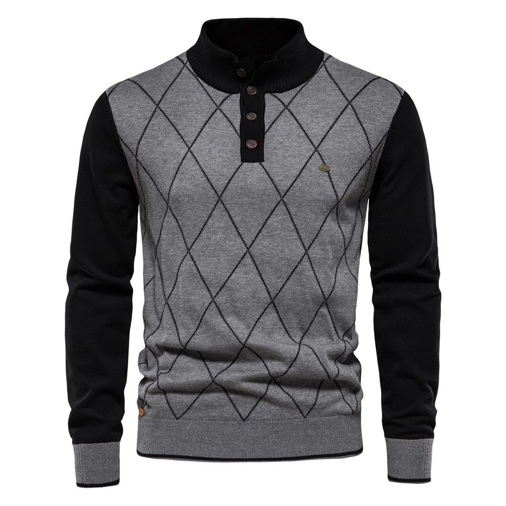 AIOPESON Argyle Men Sweater Henley Collar Casual Patchwork High Quality Pullover Male New Winter Fashion Knitted Sweater for Men alx