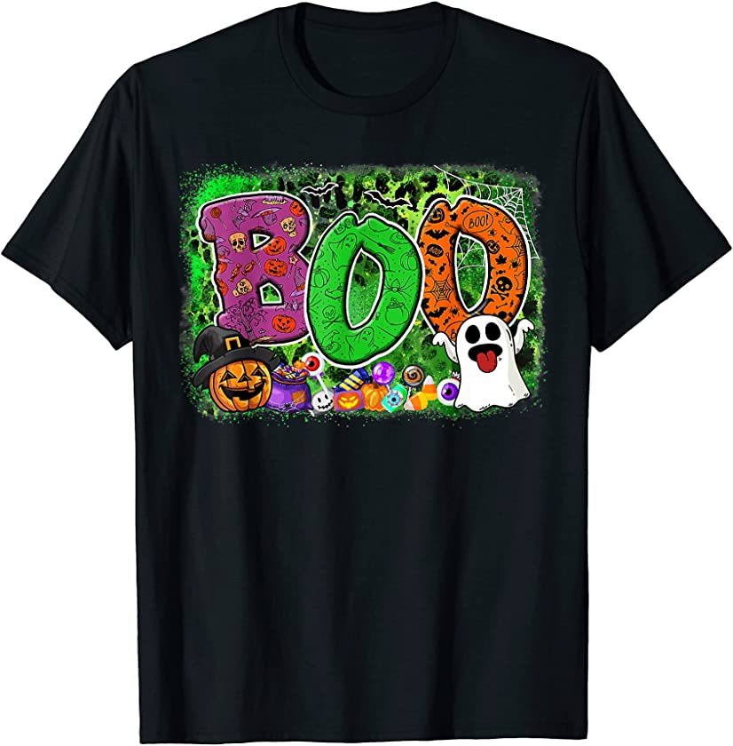 Boo Halloween Costume Pumpkin Witch Spider Candy Bleached T-Shirt