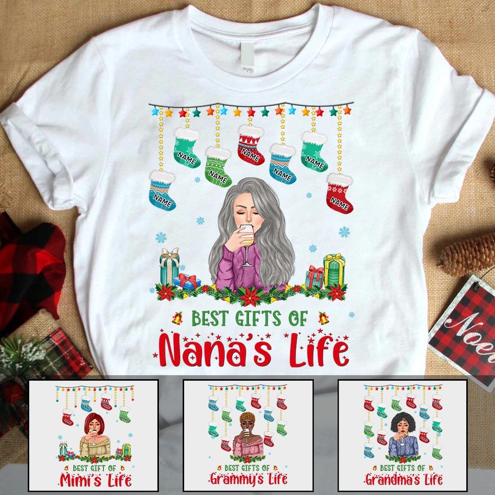 Personalized Best Gifts Of Grandma’S Life Stockings Christmas Shirt, Grandma Nana Christmas Shirt, Custom Nana With Grandkids Name Shirt