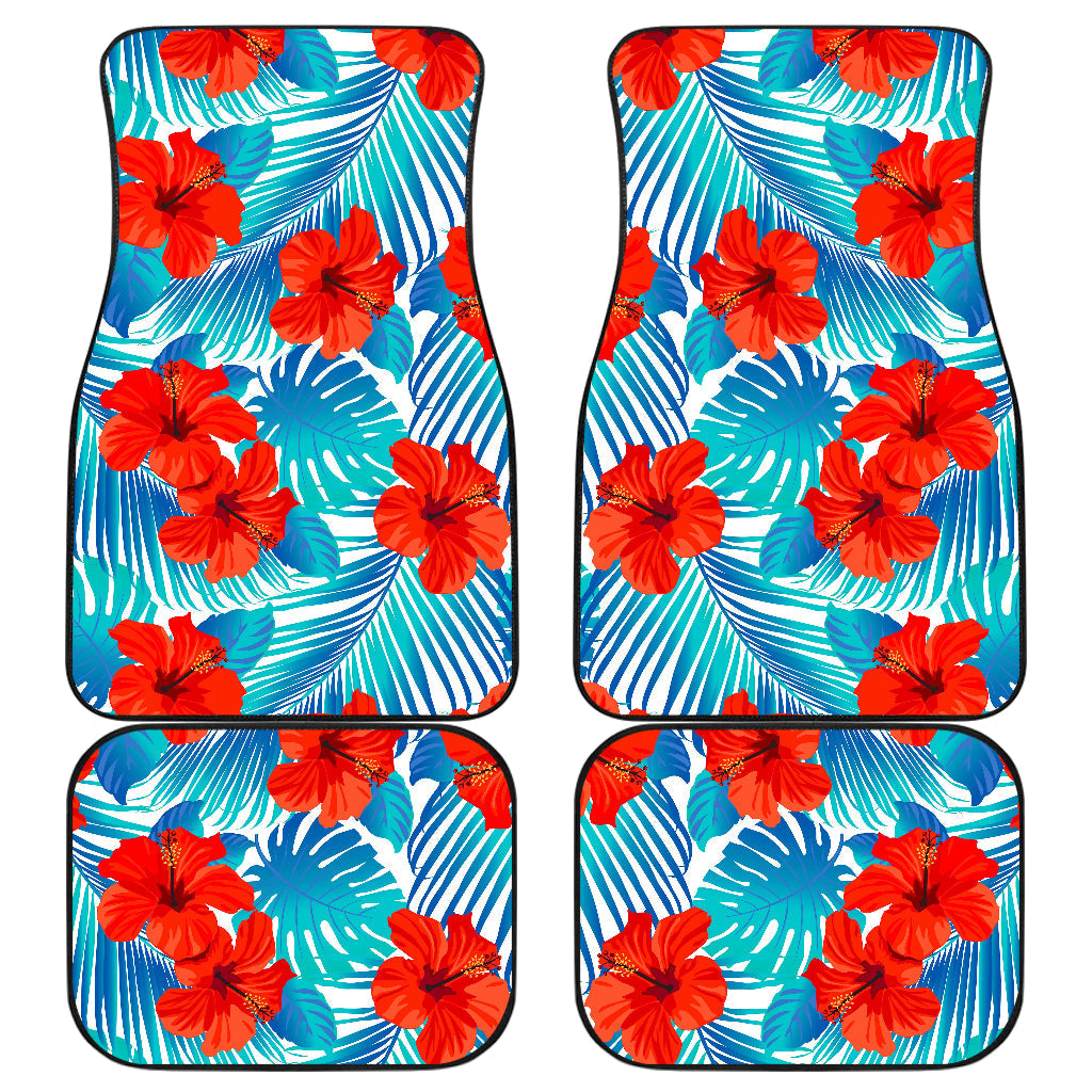 Blue Tropical Hibiscus Pattern Print Front And Back Car Floor Mats, Front Car Mat