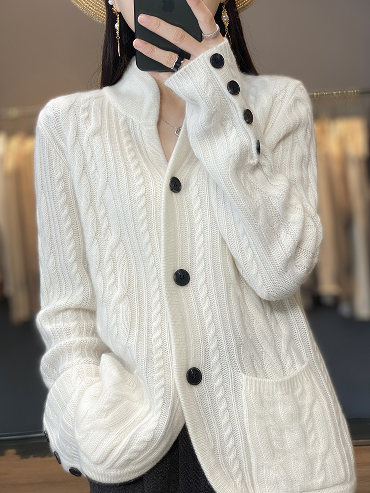 Women Loose Single Breasted Sweater Cardigan Ladies Winter Long Sleeve Stand Neck Cashmere Knitted Coat Female Casual Wool Top alx