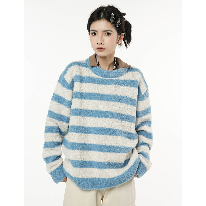 Women Blue Stripe Sweater Round Neck Color Contrast American Fashion Streetwear Lazy Wind Winter Long Sleeves Knitting Pullover alx