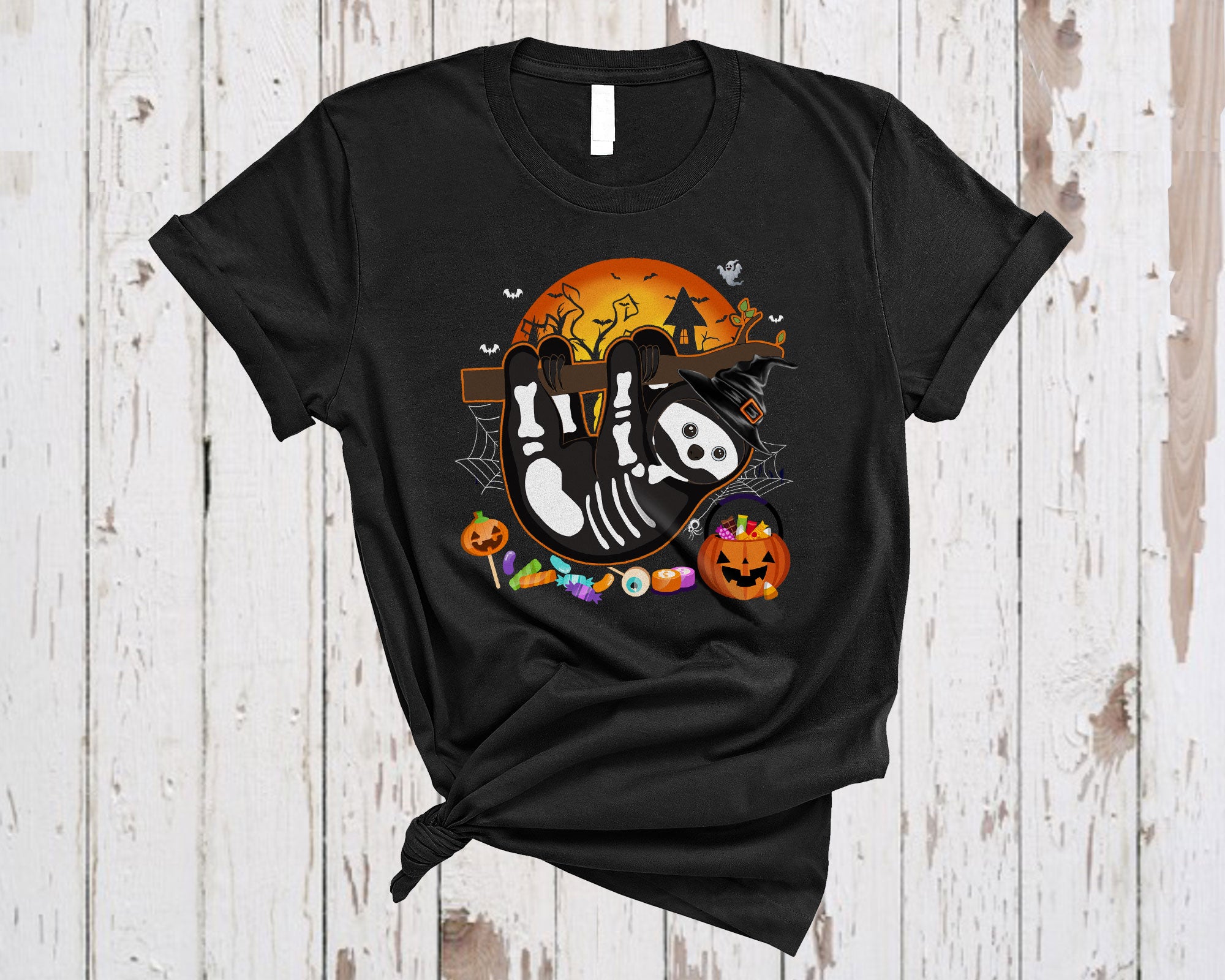 Skeleton Witch Sloth Bone Funny Halloween Treat Or Treating Candy Pumpkin Sloth Lover T-Shirt