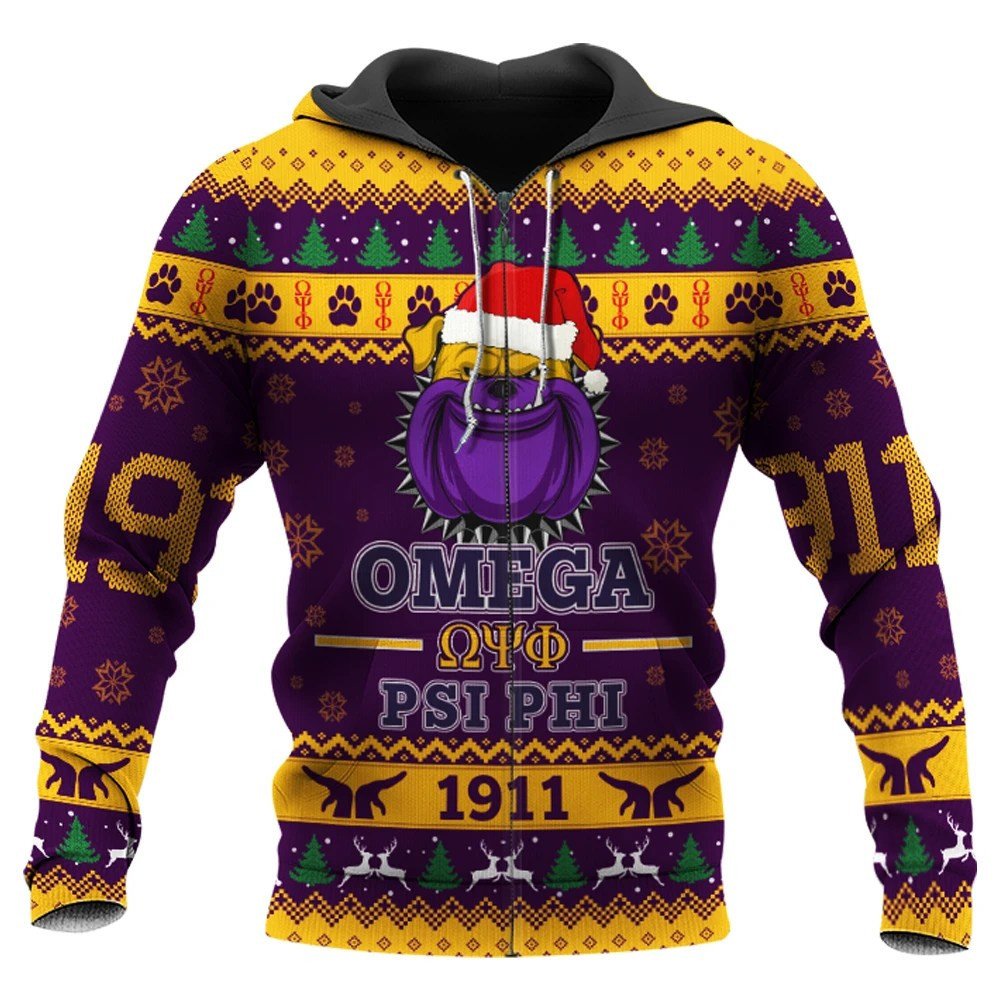 Fraternity Hoodie – Omega Psi Phi Bulldog Christmas Zip Hoodie