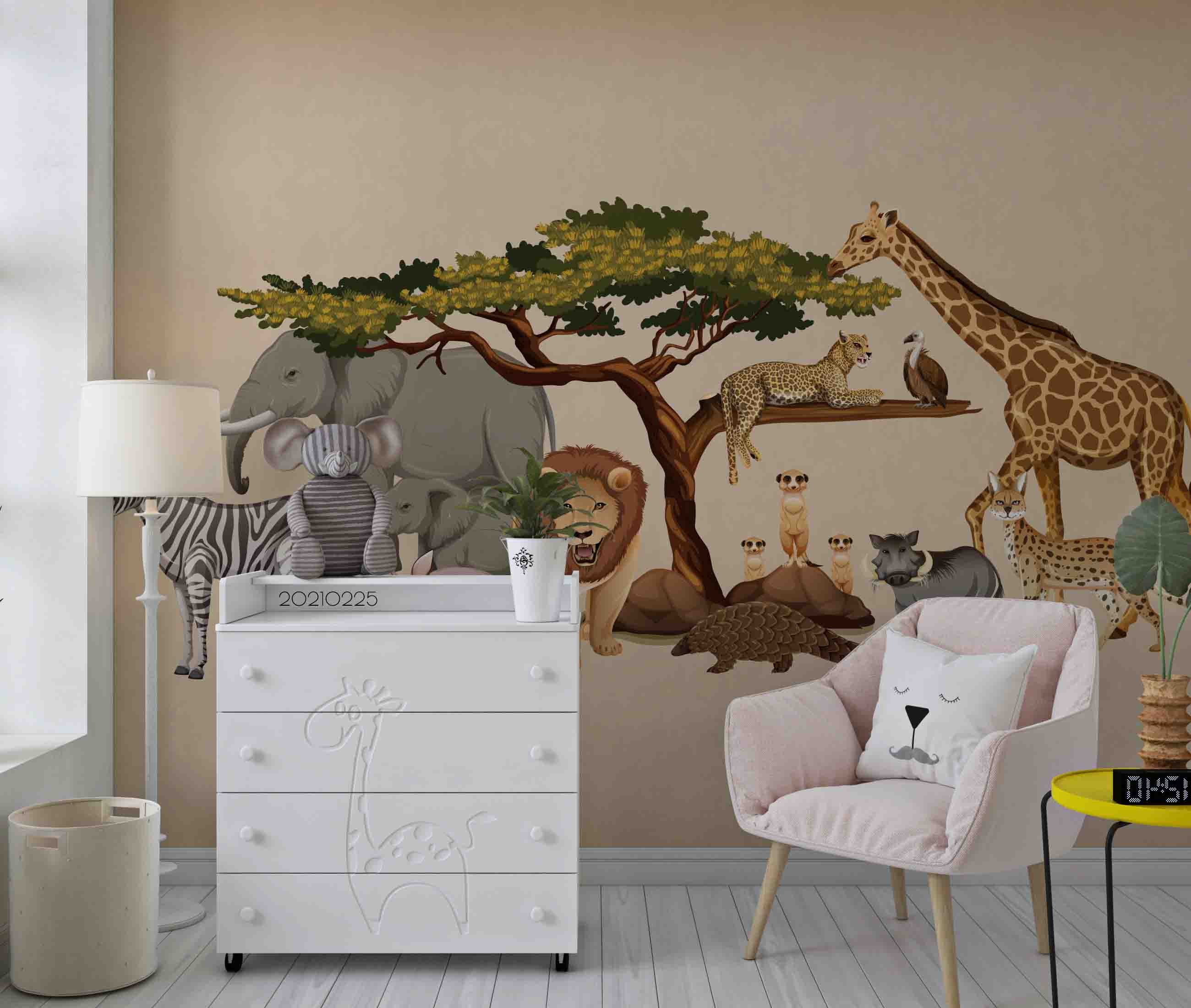 3D Cartoon Forest Animal Lion Zebra Giraffe Wall Mural Wallpaper Lqh 202