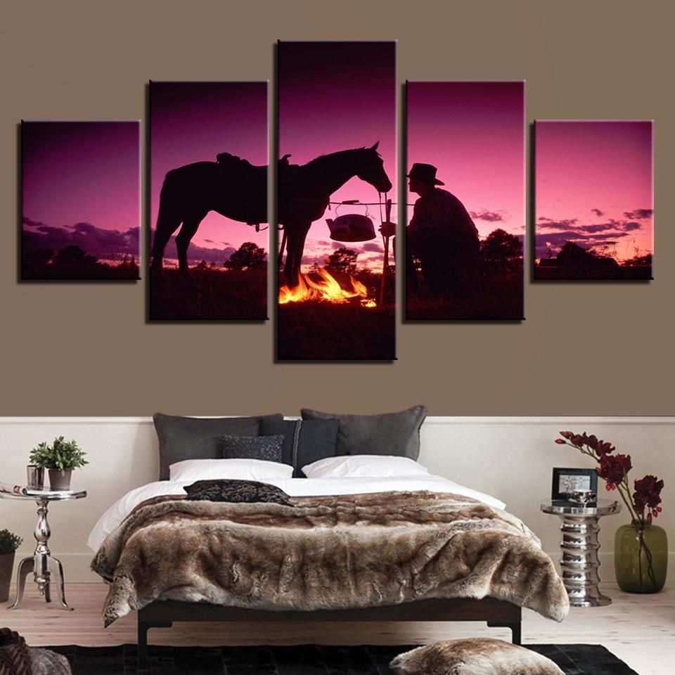 Sunset Dusk Knight Whit Horse Flame Animal 5 Panel Canvas Art Wall Decor