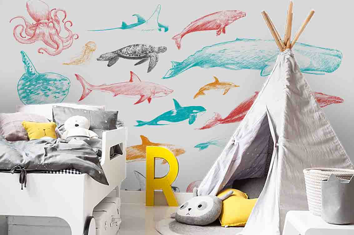 3D Colorized Marine Animals Whales Shark Octopus Wall Mural Wallpaper Zy D123