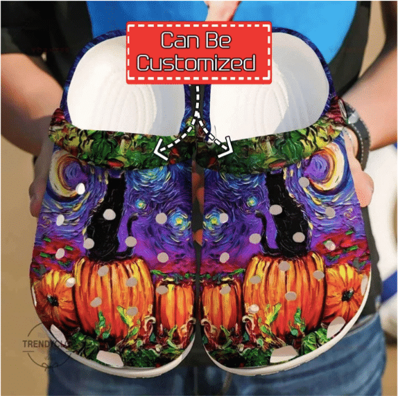 Custom Name Black Cat Sitting On Pumpkin Halloween Clogs Shoes