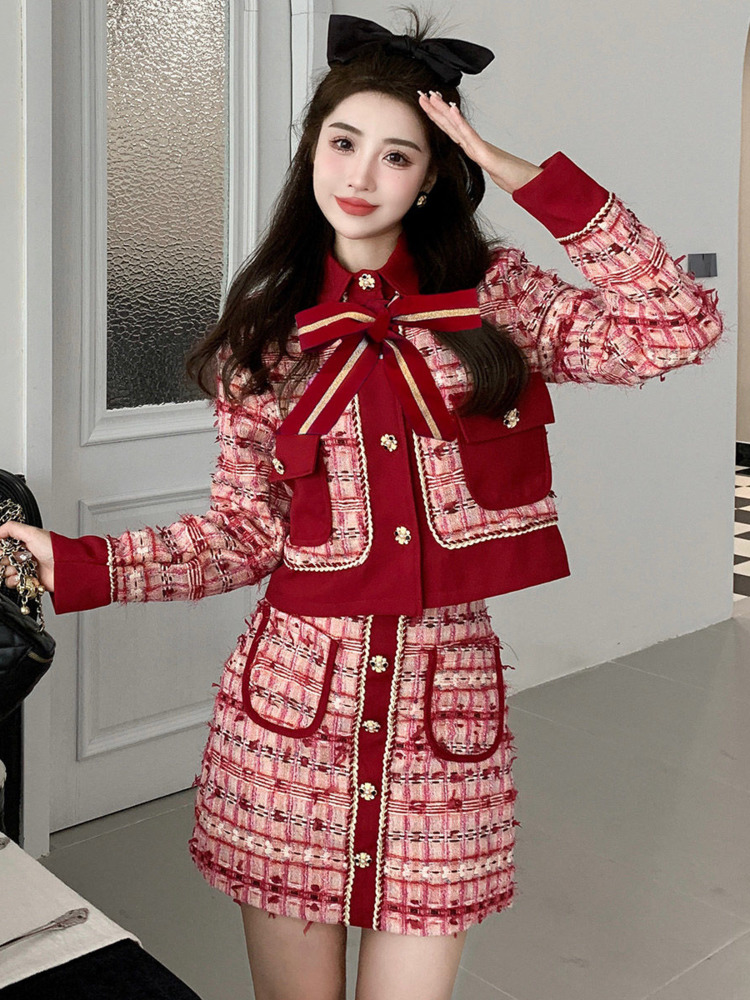 Autumn Winter Small Fragrant Plaid Tweed 2 Piece Set Women Fashion Bowknot Long Sleeve Short Coats And A-Line Skirts Woolen Suit alx