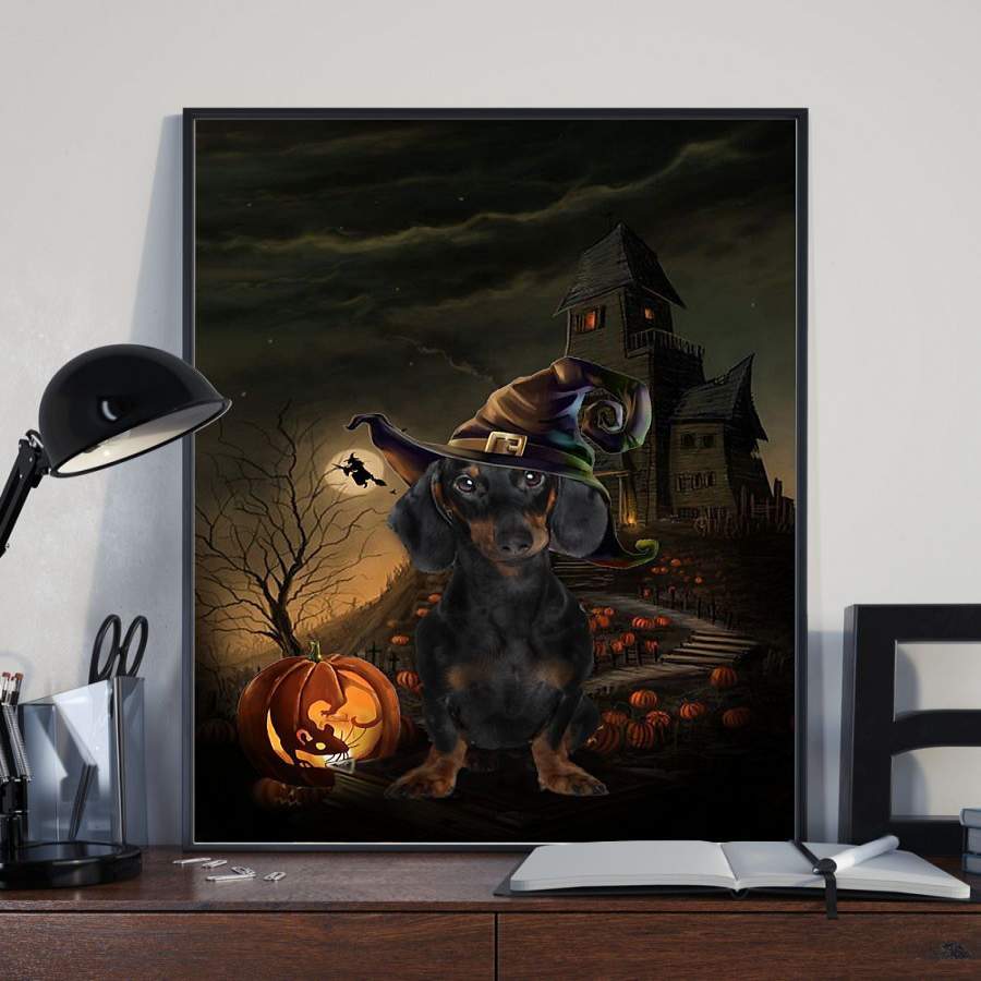 Witch Dachshund Poster Halloween Home Decor Wall Art Poster For Gift Dachshund Owner