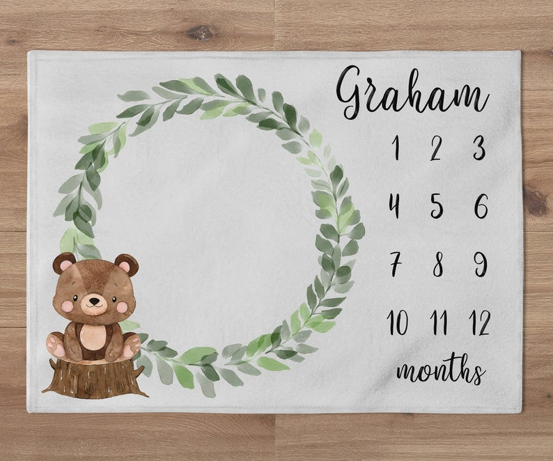 Woodland Boy Milestone Blanket, Custom Eucalyptus Milestone Blanket, Bear Nursery, Leaf Wreath, Woodland Animal Nursery, Baby Shower Gift