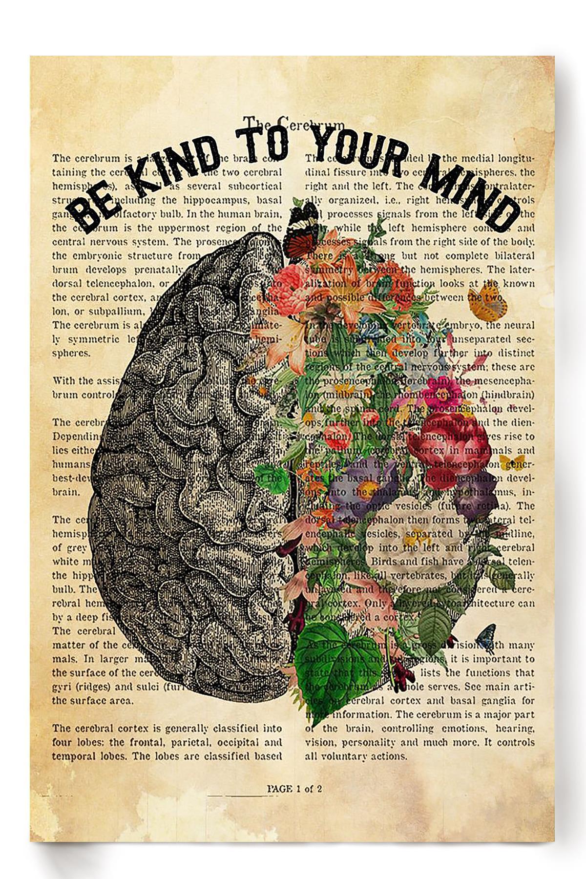 Be Kind To Your Mind Psycho Wall Art Motivation Gift For Therapist Flowers Lover Home Decor Poster