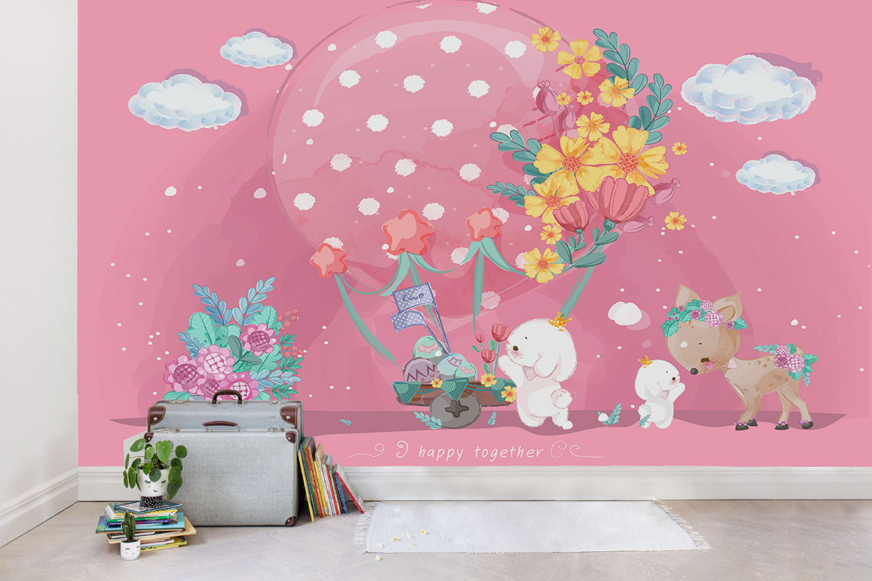 3D Deer Rabbit Balloon Wall Mural Wallpaper Sww 10