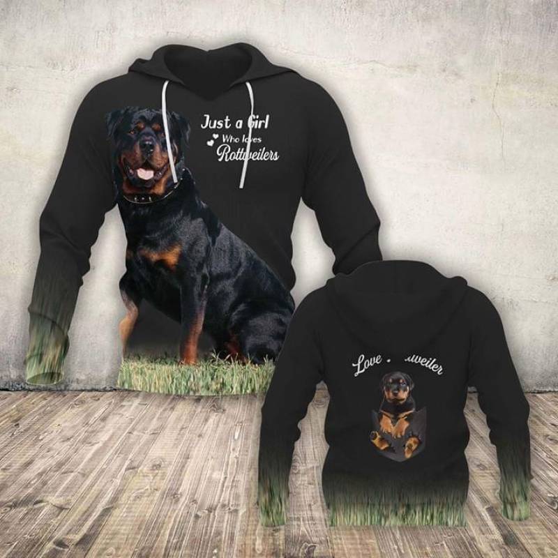 Rottweiler Cute Dog Just A Girl Who Loves Rottweiler Love Best Gifts For Animals Lovers Black All Over Print Hoodie S-5Xl