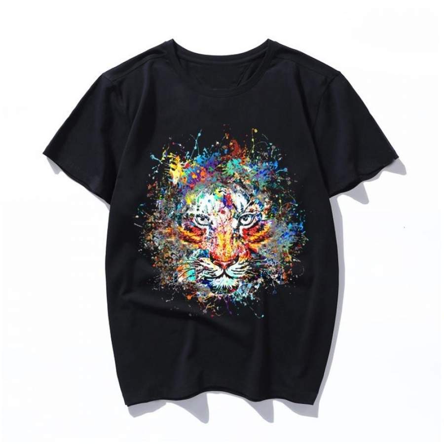 Tiger Art Jungle Cat Splash Paint Womens Mens T Shirt Korean Style Casual Hip Hop Streetwear Friends 90S Grunge Aesthetic Basic Print Tee Stranger