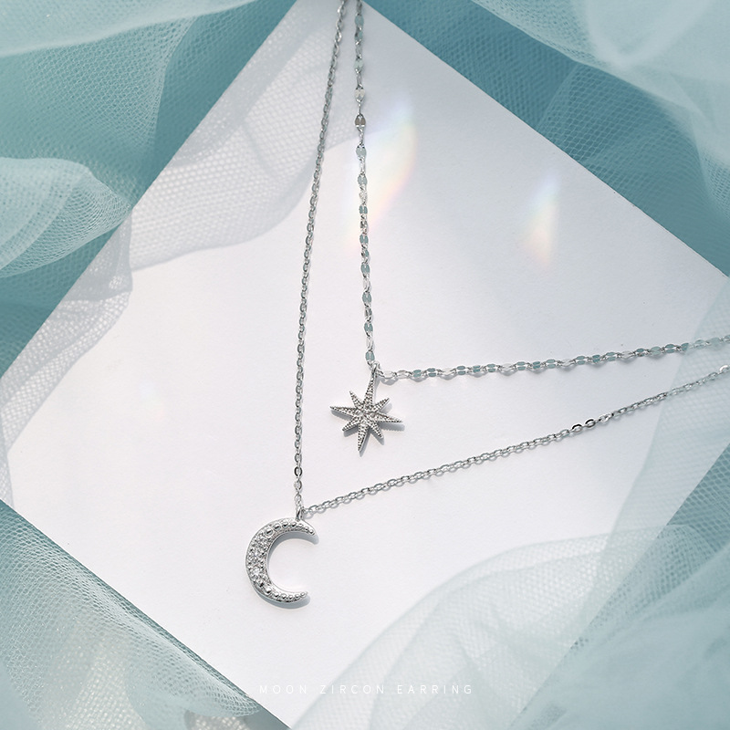 2021 New 925 Sterling Silver Double Layer Star Moon Necklace Women Clavicle Chain Fine Jewelry Party Wedding Accessories alx