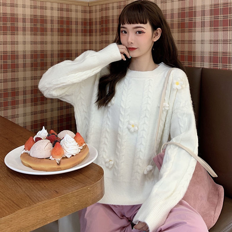 Y2K Small chrysanthemum sweater autumn and winter new Japanese long-sleeved loose sweater gentle wind twist knitted sweater 2021 alx